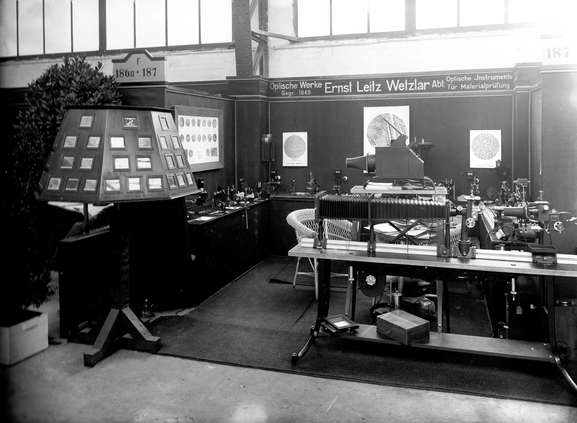 Black-and-white image, Leitz factories trade fair stand