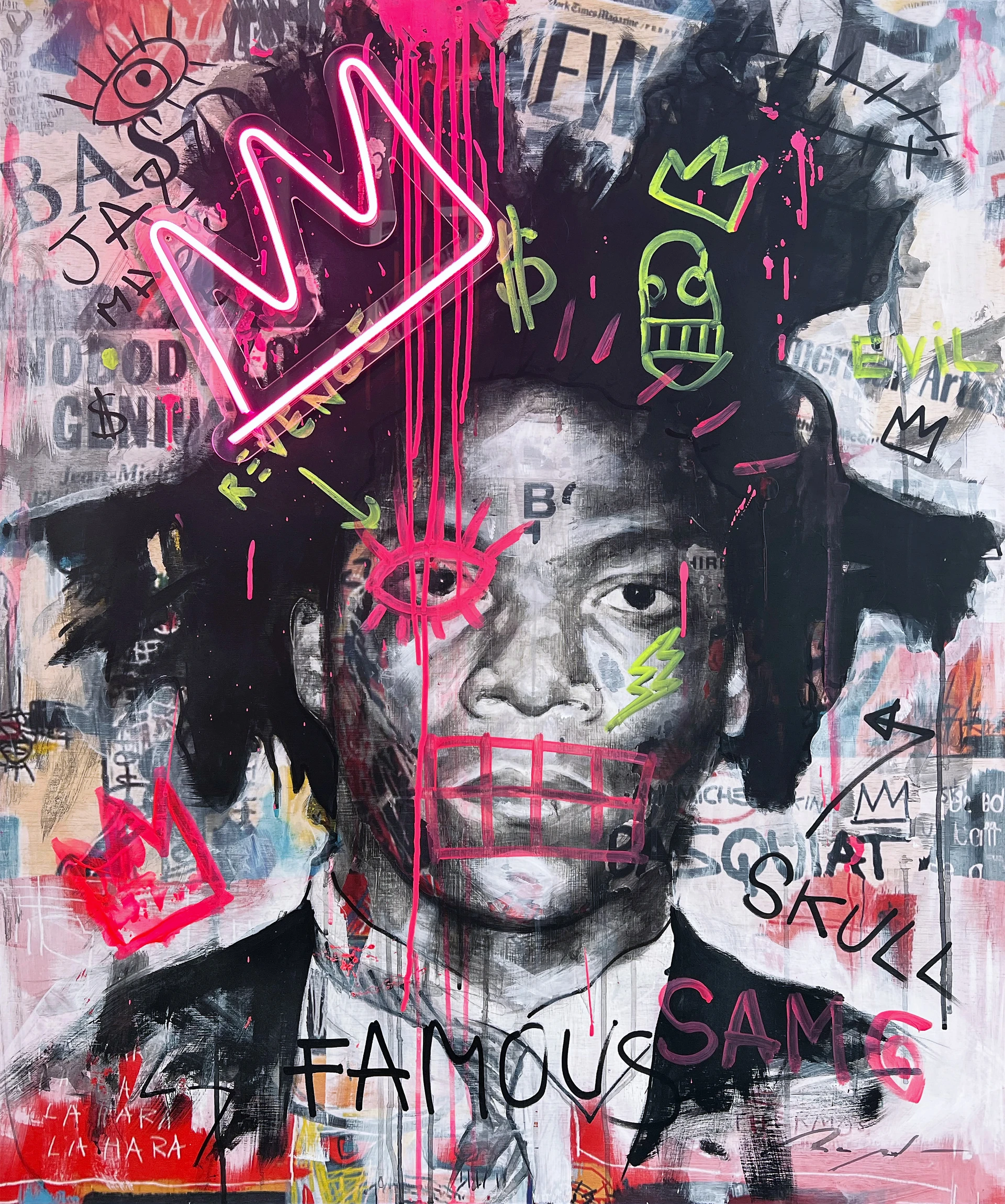 Cuadro de Jean-Michel Basquiat en estilo collage, con elementos de neón, grafiti, pintura y tipografía.