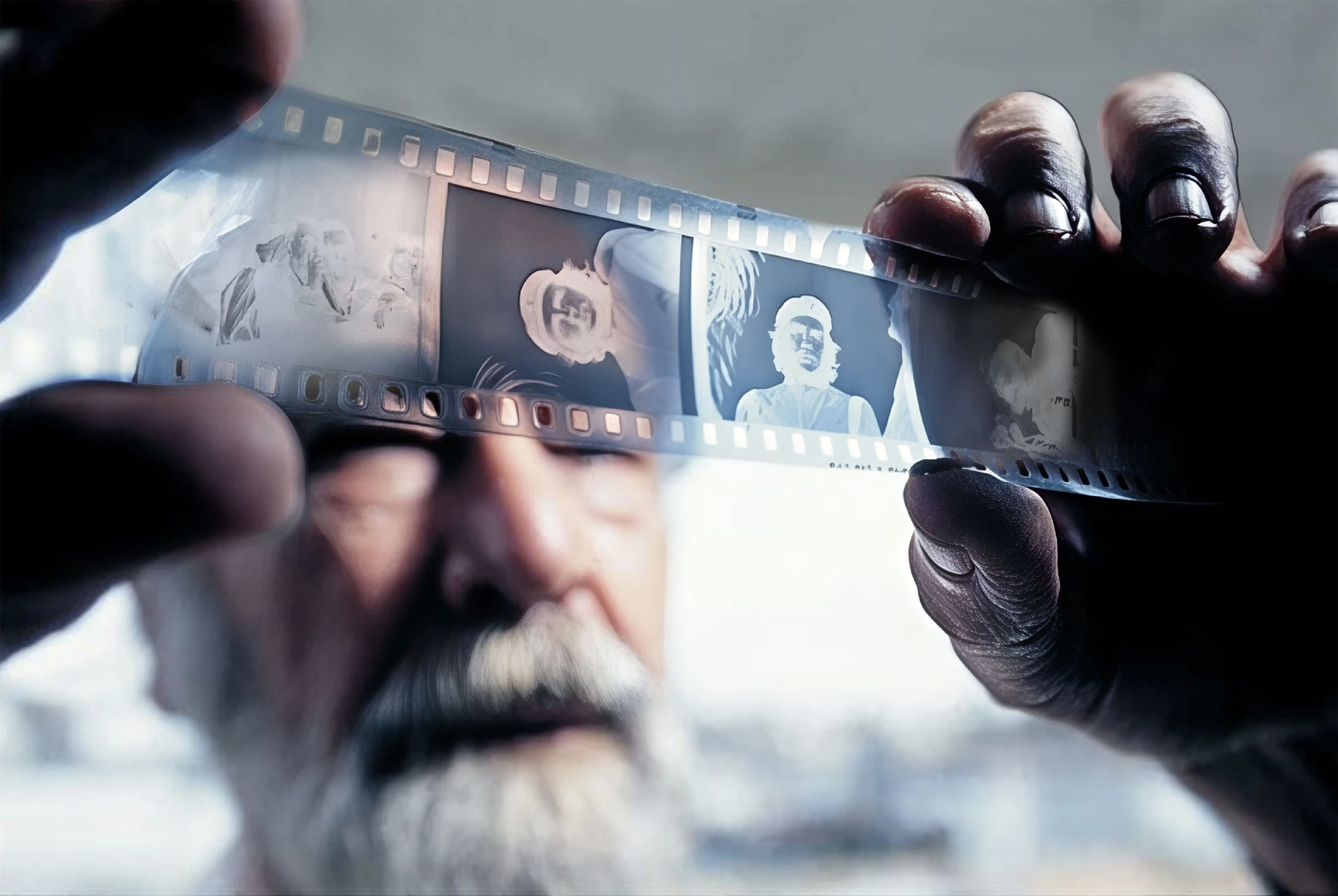 Alberto Korda studies the photo negative, gazing at the two frames where Che Guevara emerged