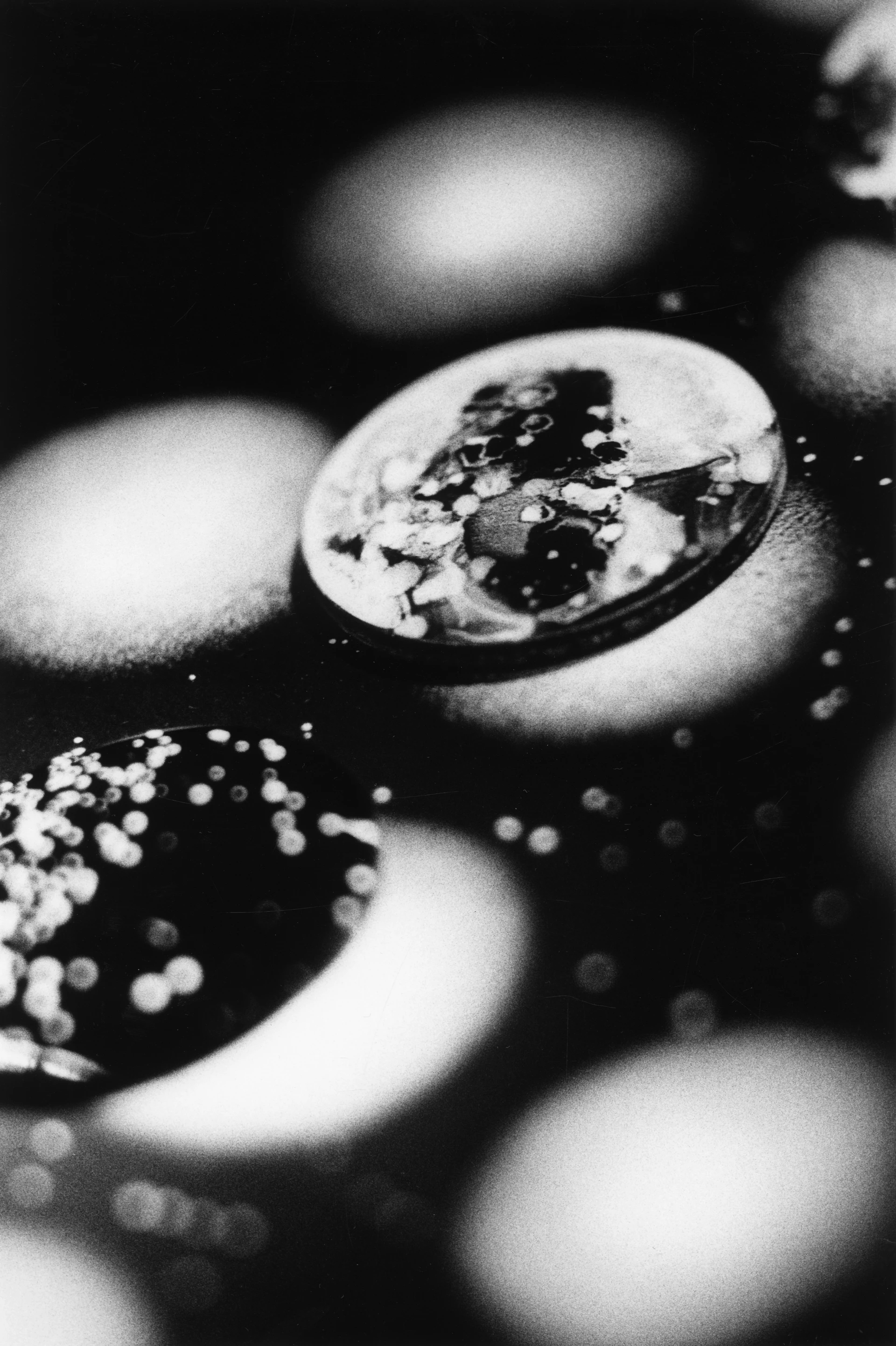 Primo piano astratto in bianco e nero del vetro di una lente riflettente di forma rotonda spruzzato con acqua.